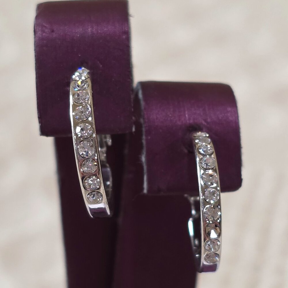 18K RGP Silver White Hoop Pierced Earrings White Crystal Rhinestones